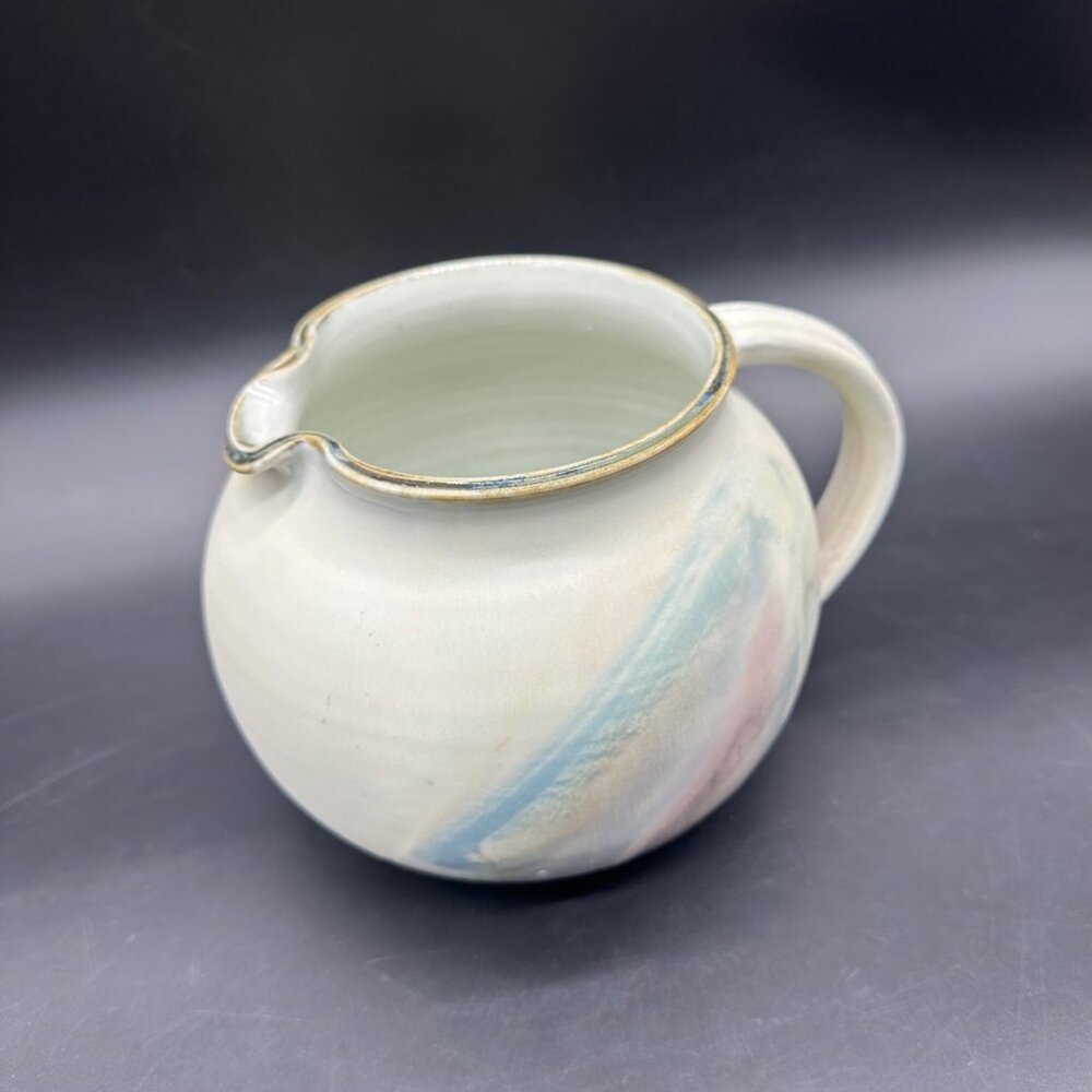 Vintage Art Pottery Pitcher Jug Pastel Purple Abstract Signed Planter Squatty